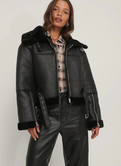 Women s Sheepskin Fur Bomber Leather Jacket In Black