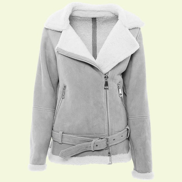 Arcane Fox - Women's Sheepskin B3 Leather Jacket In Gray With Belted Waist