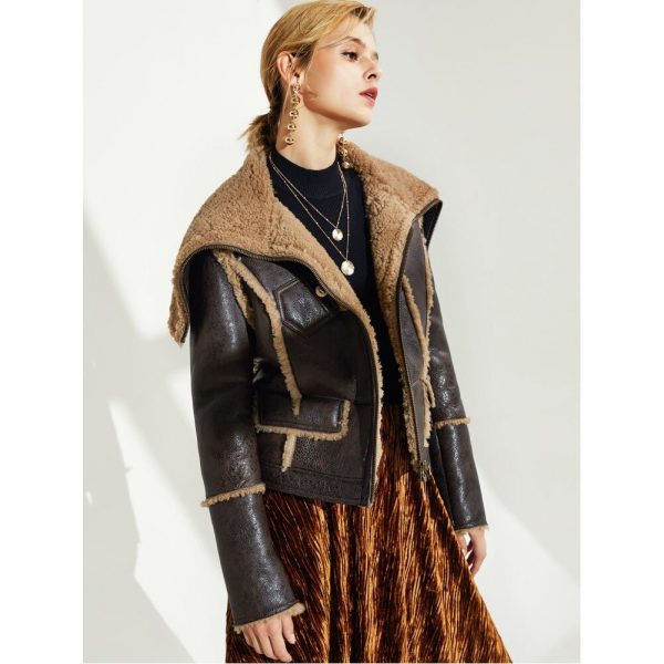 Arcane Fox - Women's Sheepskin Fur Leather Jacket In Coffee Brown With Oversized Collar