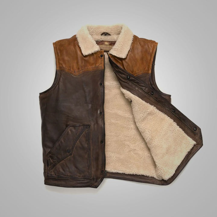 Arcane Fox - Men's Biker Shearling Leather Vest In Dark Brown