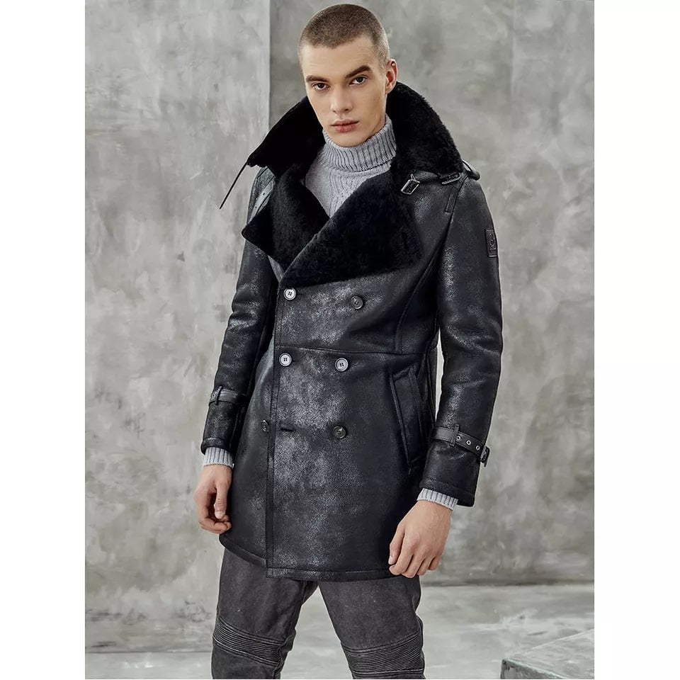 Men's Shearling Leather Coat In Black - Arcane Fox