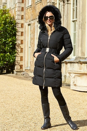 Women's Belted Puffer Parka Coat In Black With Hood