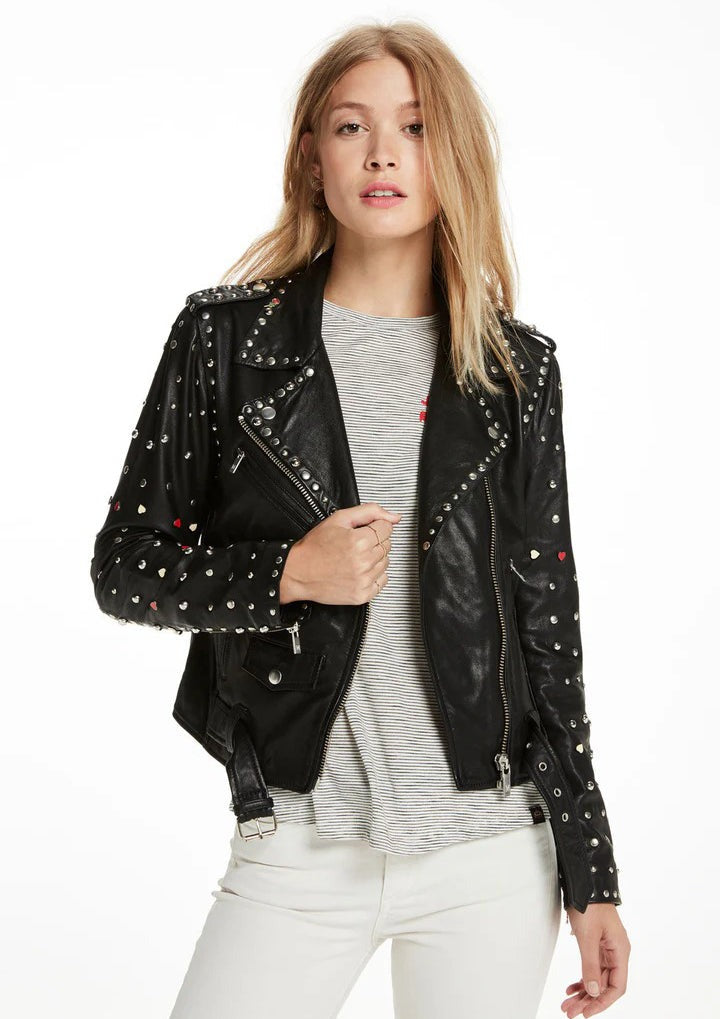 Arcane Fox - Women's Belted Studded Biker Leather Jacket In Black