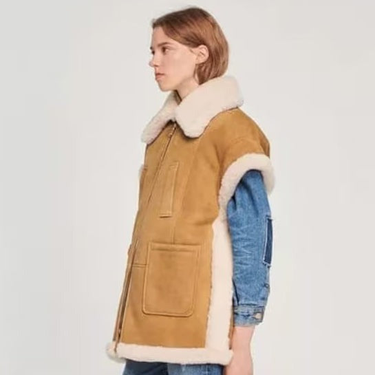 Arcane Fox - Women's Oversized Shearling Leather Vest In Tan Brown