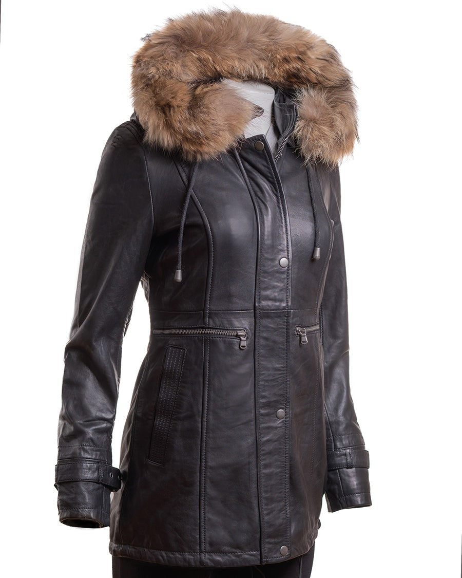 Arcane Fox - Women's Parka Leather Coat In Black With Removable Hood