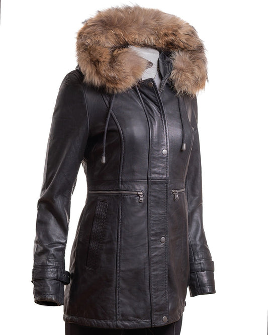 Arcane Fox - Women's Parka Leather Coat In Black With Removable Hood