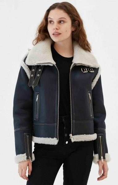 Arcane Fox - Women's Shearling B3 Aviator Leather Jacket In Black