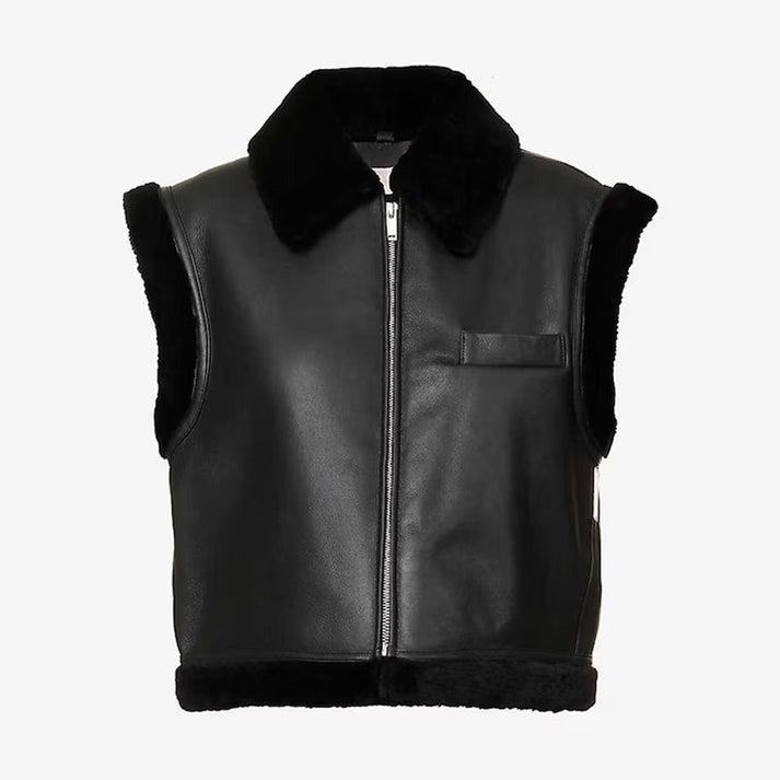 Arcane Fox - Women's Biker Leather Shearling Vest In Black