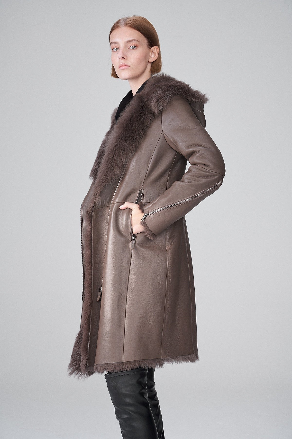 Women's Shearling Leather Trench Coat In Dark Brown Arcane Fox