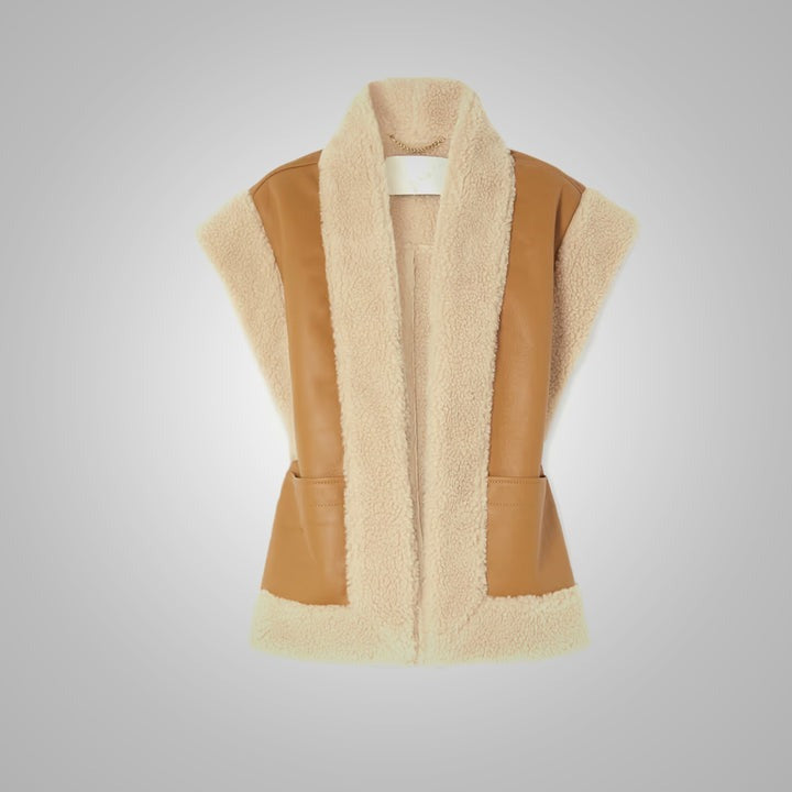 Arcane Fox - Women's Shearling Leather Vest In Brown With Open Closure