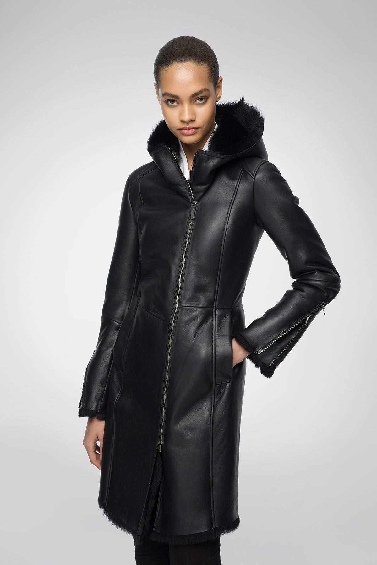 Women's Sheepskin Fur Leather Coat In Black With Hood Arcane Fox