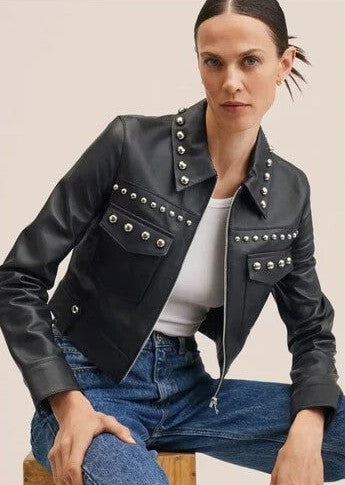 Women's Trucker Studded Leather Jacket In Black