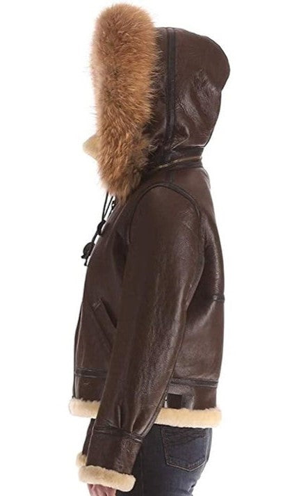 Arcane Fox - Women's B3 Shearling Parka Leather Jacket In Dark Brown