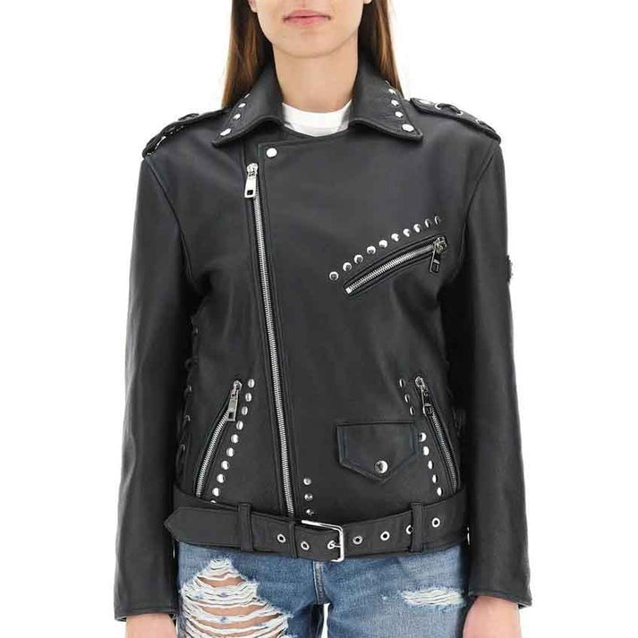 Arcane Fox - Women's Belted Studded Leather Jacket In Black