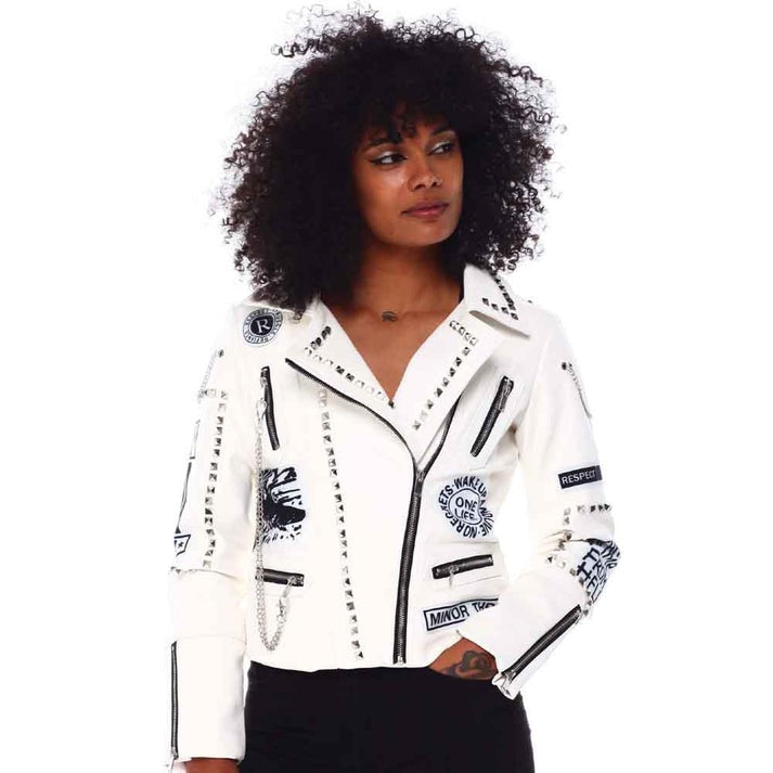 Arcane Fox - Women's Embroidered Studded Leather Jacket In White