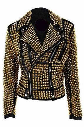 Arcane Fox - Women's Gold Studded Biker Leather Jacket In Black