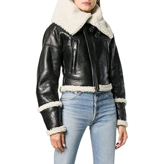 Arcane Fox - Women's Shearling B3 Leather Jacket In Black With Oversized Collar