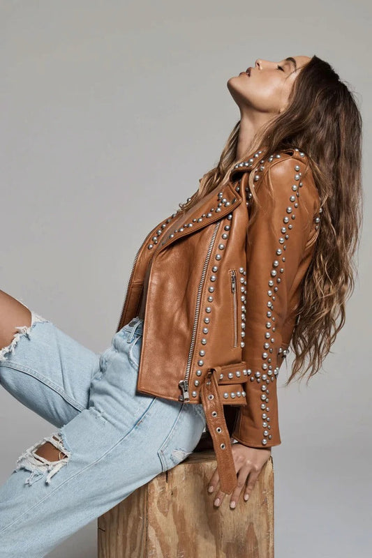 Women's Studded Biker Leather Jacket In Brown