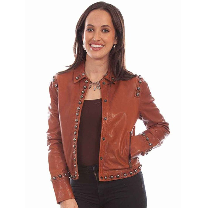 Arcane Fox - Women's Studded Leather Jacket In Dark Brown