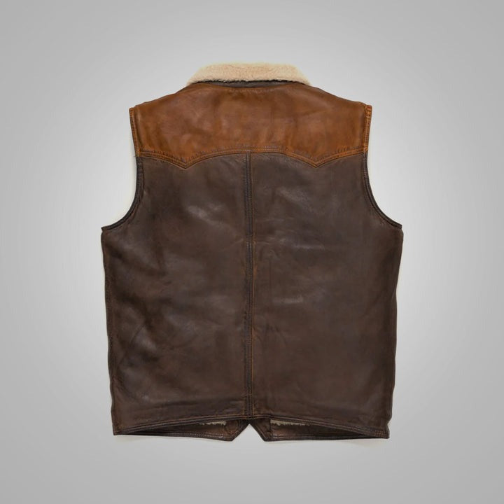 Arcane Fox - Men's Biker Shearling Leather Vest In Dark Brown