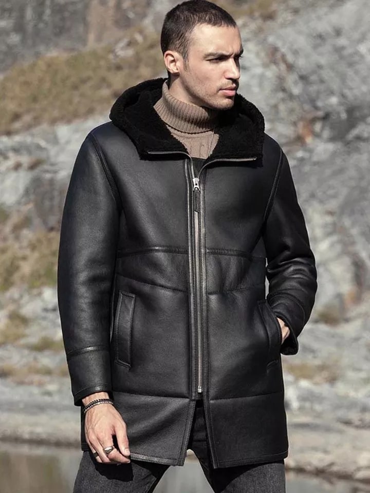 Men's Double Sided Shearling Leather Coat In Black - Arcane Fox