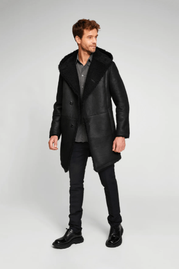 Men's Hooded Shearling Leather Coat In Black