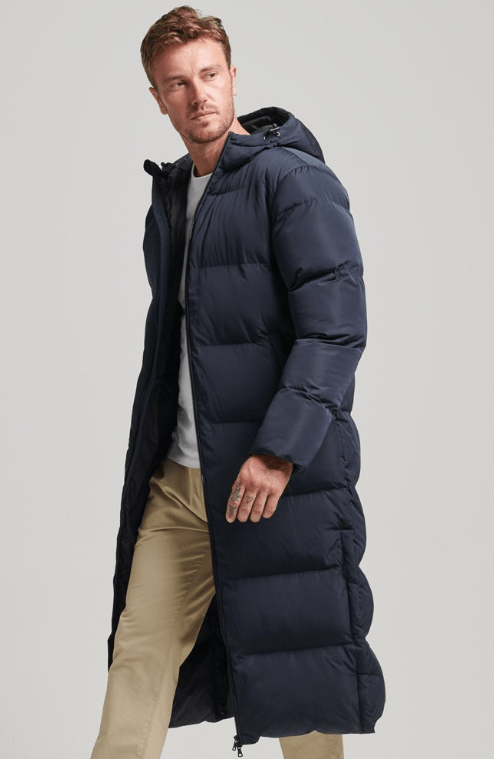 Men's Hooded Trench Puffer Coat In Royal Blue