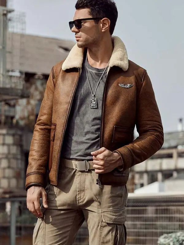 Arcane Fox - Men's Raf Shearling Aviator Leather Jacket In Brown