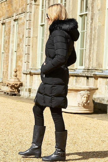 Women's Belted Puffer Parka Coat In Black With Hood