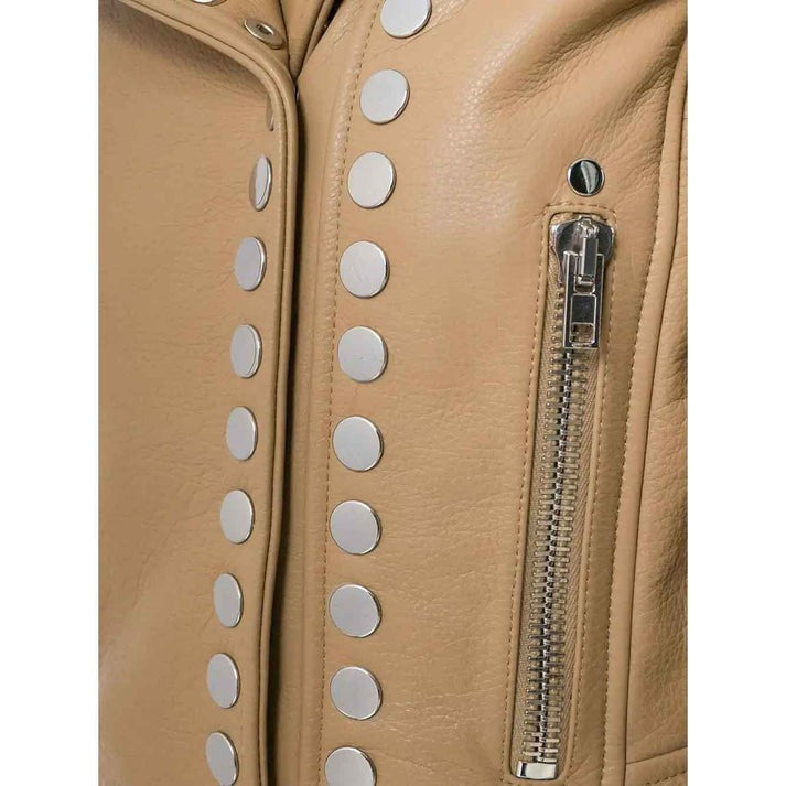 Arcane Fox - Women's Cropped Studded Leather Jacket In Beige