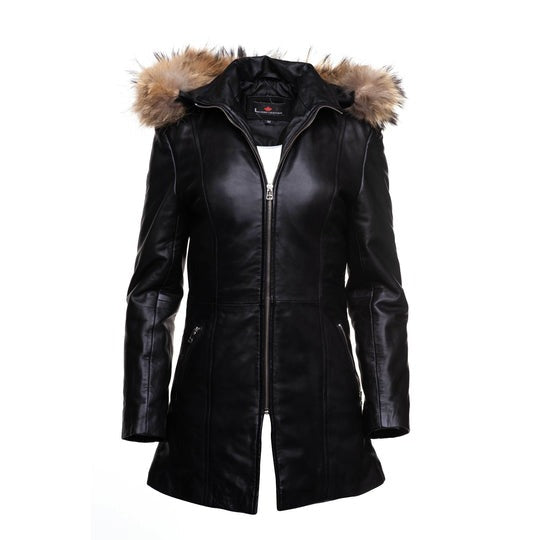 Arcane Fox - Women's Removable Hood Parka Leather Coat In Black