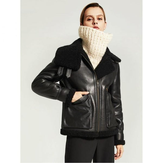 Arcane Fox - Women's Shearling B3 Motorcycle Leather Jacket In Black