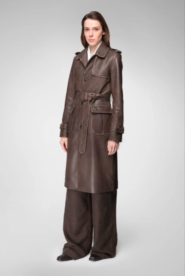 Women's Trench Leather Coat In Coffee Brown
