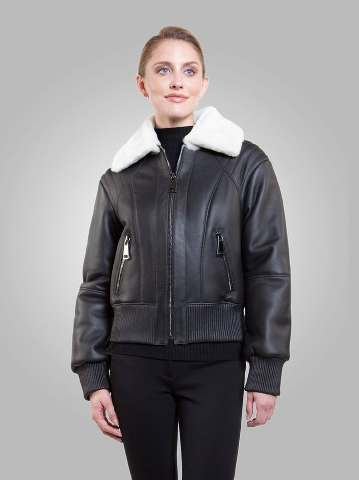 Arcane Fox - Women's White Shearling B3 Leather Jacket In Black