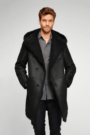 Men's Hooded Shearling Leather Coat In Black