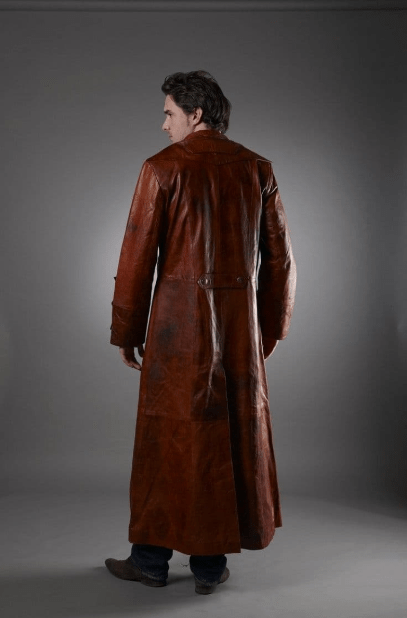 Men's Long Leather Coat In Dark Brown - Arcane Fox