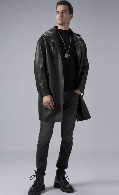 Men's Mid Length Leather Coat In Black With Hood