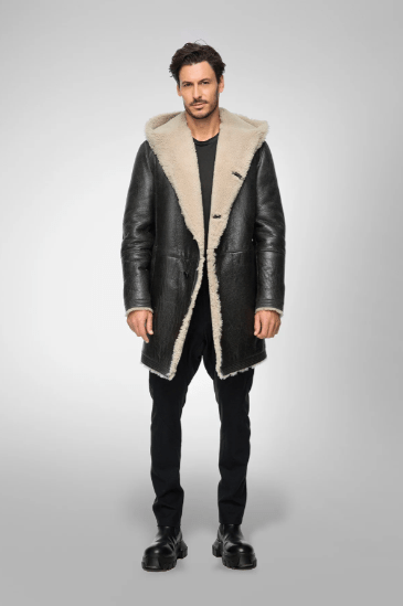 Men's Shearling Fur Leather Coat In Black With Hood
