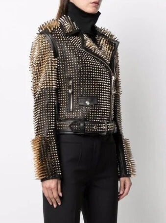 Arcane Fox - Women's Biker Gold Studded Leather Jacket In Black