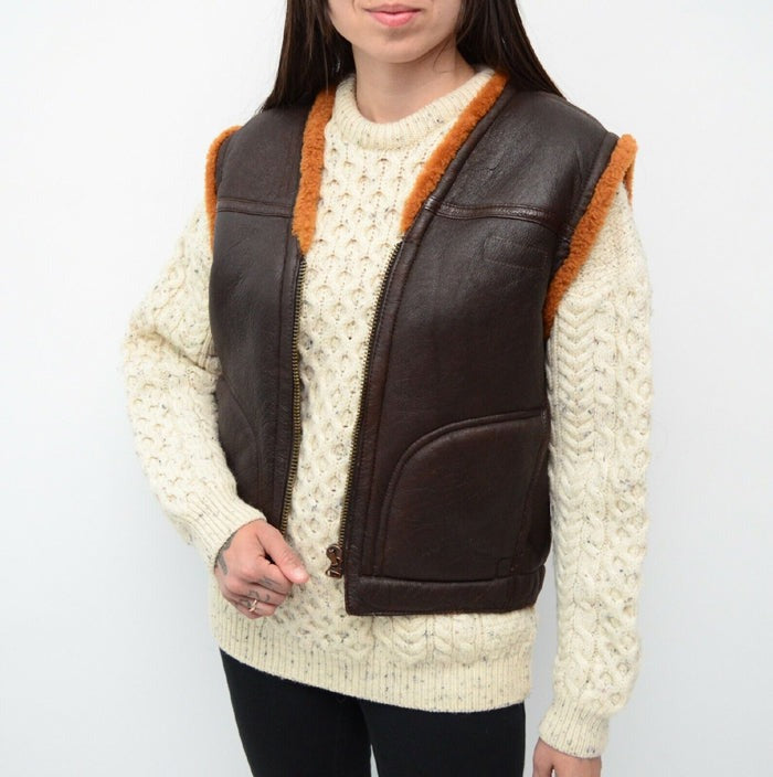 Arcane Fox - Women's Leather Shearling Vest In Coffee Brown