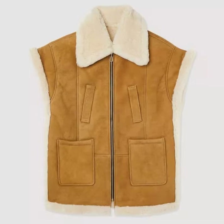 Arcane Fox - Women's Oversized Shearling Leather Vest In Tan Brown