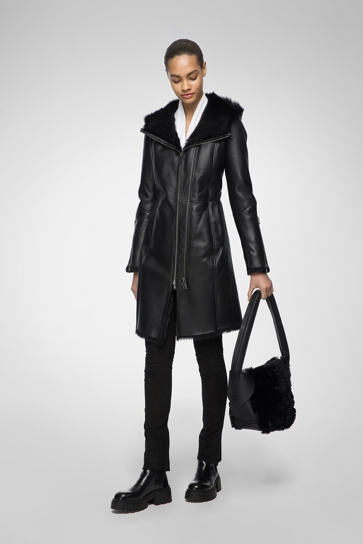 Women's Sheepskin Fur Leather Coat In Black With Hood Arcane Fox