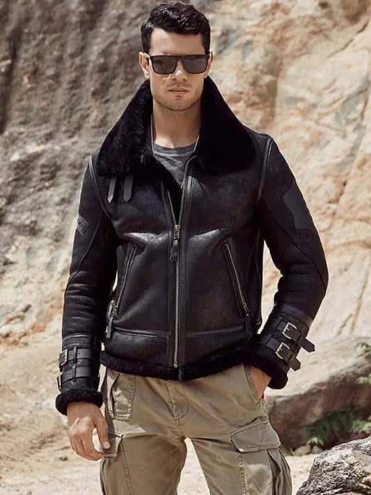 Arcane Fox - Men's B3 Aviator Shearling Leather Jacket In Black