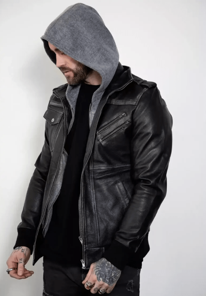 Men's Distressed Bomber Leather Jacket In Black