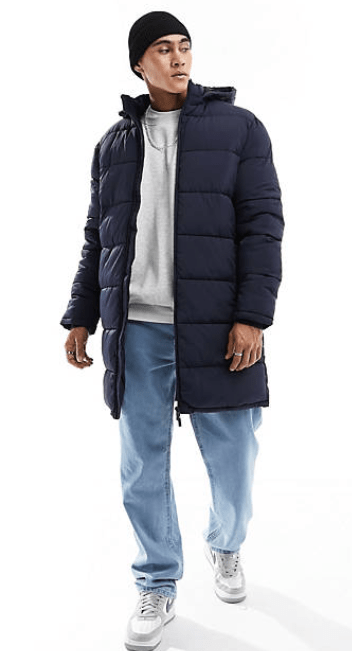 Men's Mid Length Hooded Puffer Coat In Blue