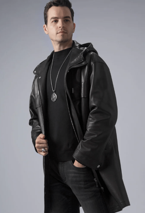 Men's Mid Length Leather Coat In Black With Hood