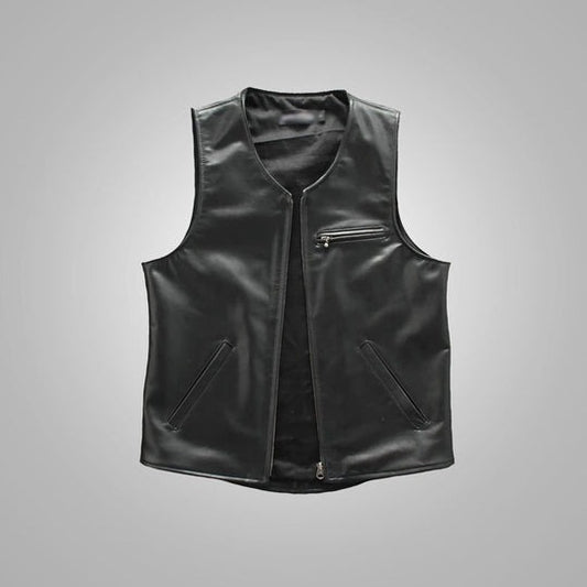 Arcane Fox - Men's Motorcycle Leather Vest In Classic Black