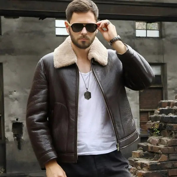 Arcane Fox - Men's Shearling Aviator Leather Jacket In Coffee Brown