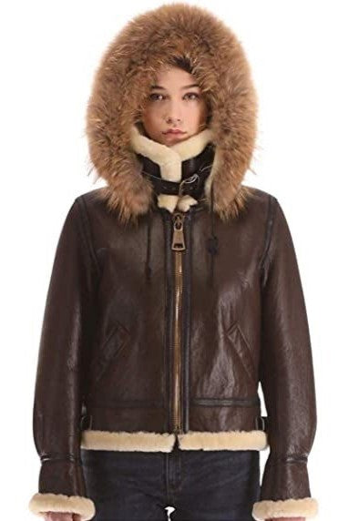 Arcane Fox - Women's B3 Shearling Parka Leather Jacket In Dark Brown