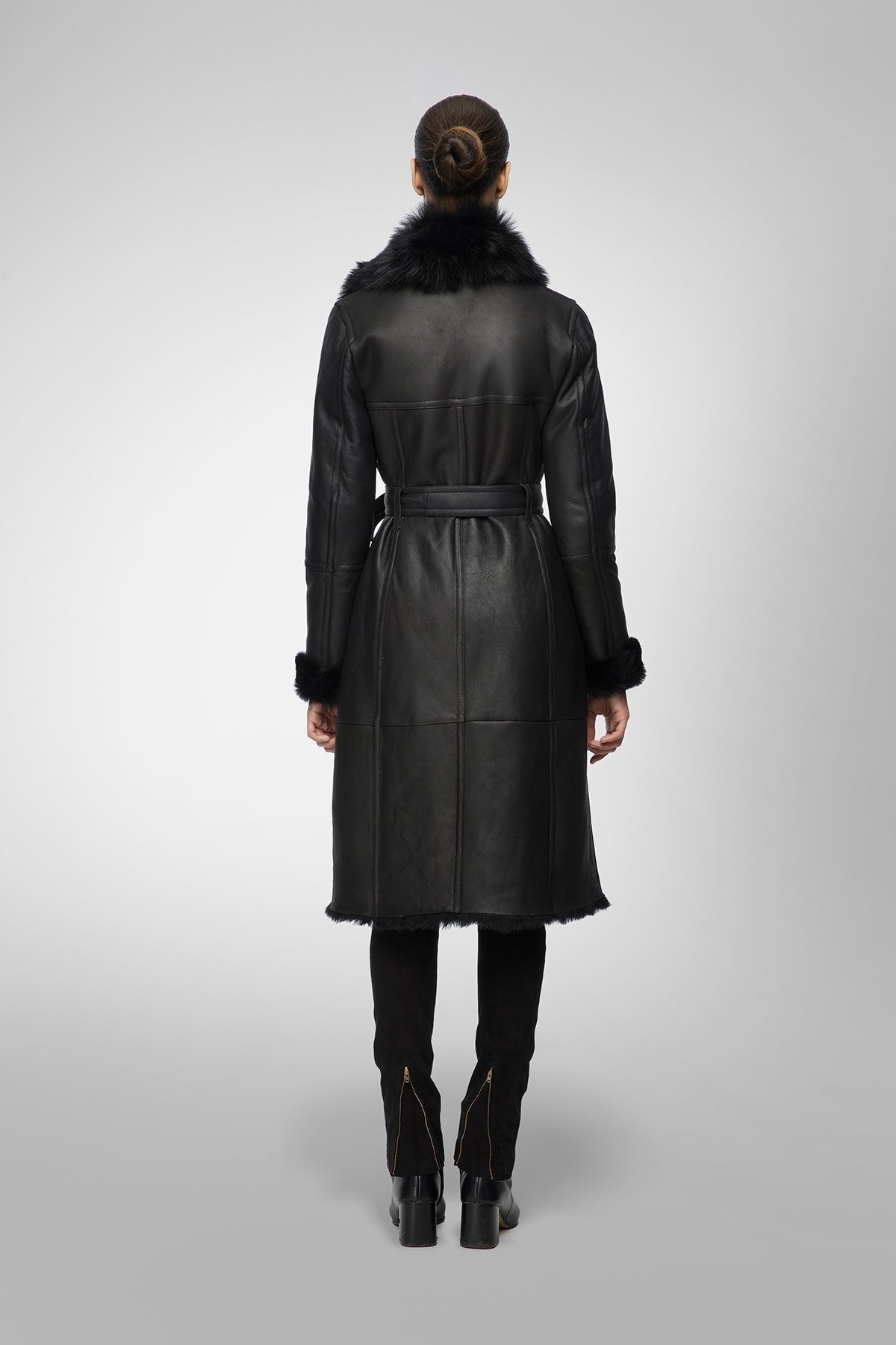 Women's Belted Shearling Bomber Leather Coat In Black